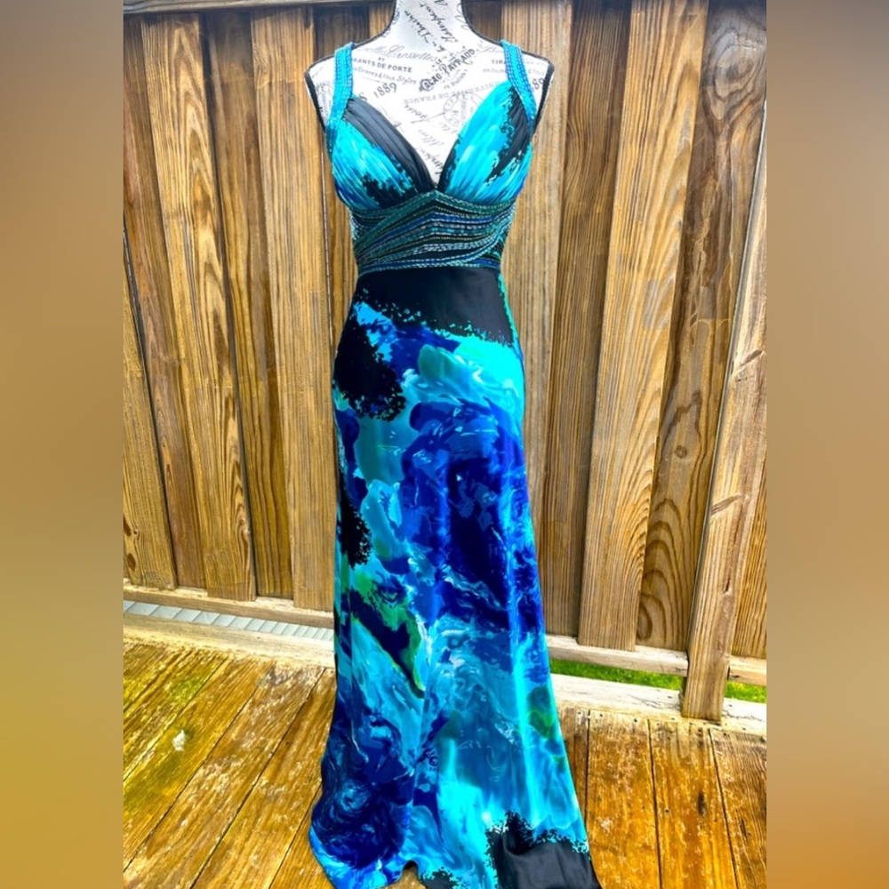 Cache Blue Silk Print Formal Dress with Beading size 2
